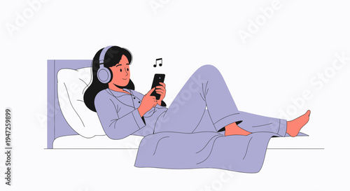 Woman in Pajamas Listening to Music on Phone in Bed