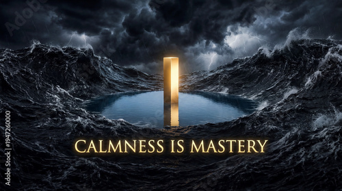 Glowing golden monolith standing perfectly still in a violent dark ocean storm, visualizing emotional regulation and stoic mastery.