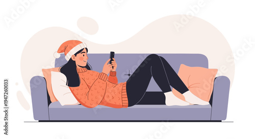 Woman in Santa Hat Relaxing on Sofa with Smartphone, Christmas Vibes