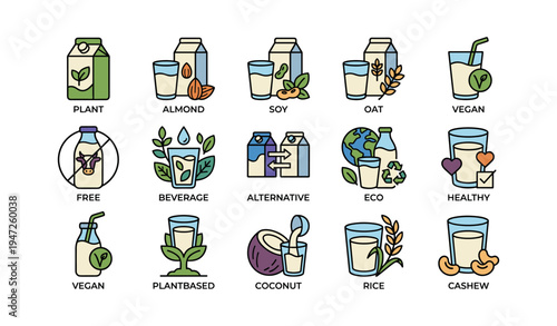 Plant-based milk icons set featuring vegan options and eco-friendly illustrations