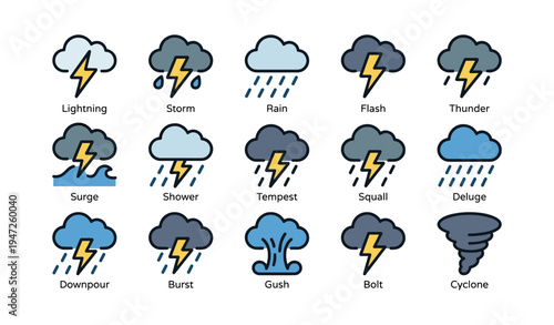 Weather icons depicting various storm conditions with lightning and rain