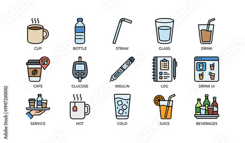 Colorful beverage and health icons featuring drinks, diabetes tools, and refreshments