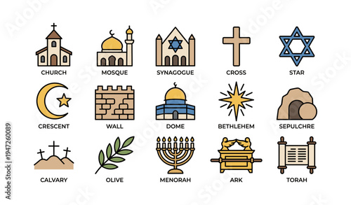 Religious symbols: church, mosque, synagogue, cross, star, crescent, and more