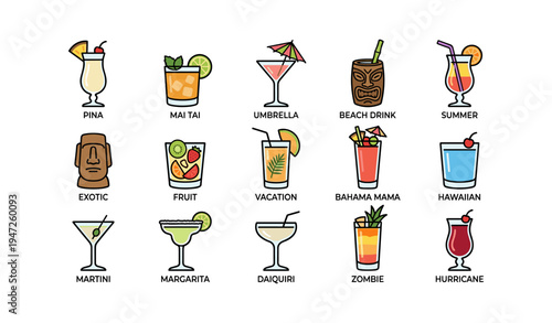Colorful icons of tropical cocktails with summer themes and exotic decorations