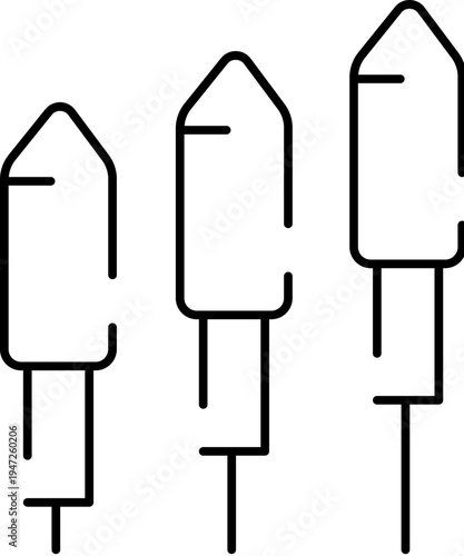 Three ascending linear fireworks rockets ready to launch, minimalist black and white icon symbolizing celebration, startup growth, ambition, success and festive milestones