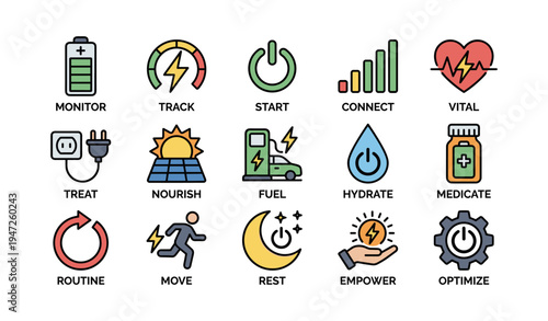 Icons representing health and wellness actions: monitor, connect, nourish, empower
