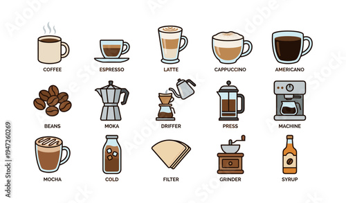 Coffee icons: espresso, latte, drip, and more brewing essentials illustrated