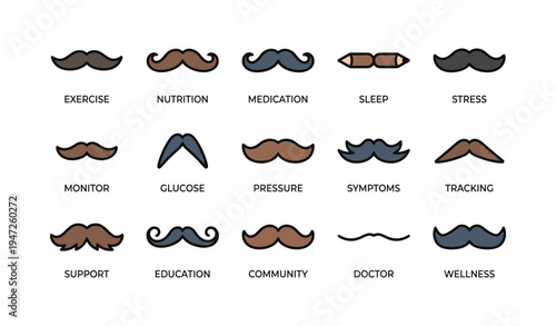 Diverse mustache styles with health tips on exercise, sleep, and wellness