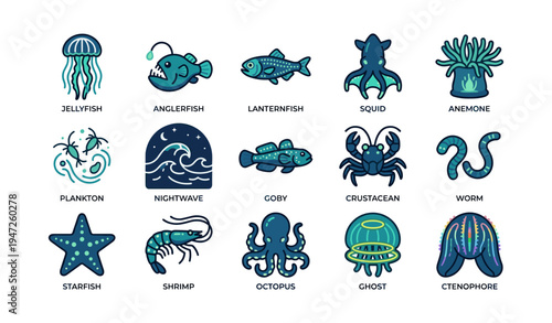 Marine creatures icons: jellyfish, anglerfish, squid, starfish, octopus