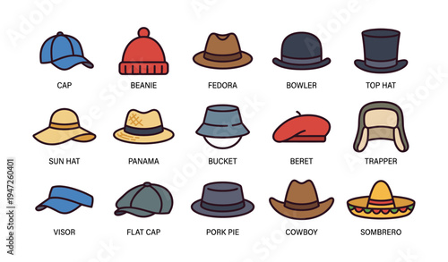 Various hat styles illustration: fedora, bowler, sombrero, and more