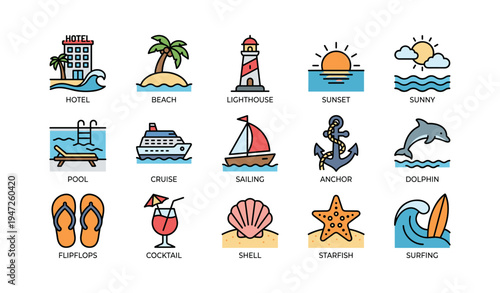 Beach vacation icons: hotel, lighthouse, sunset, cruise, surfing, more