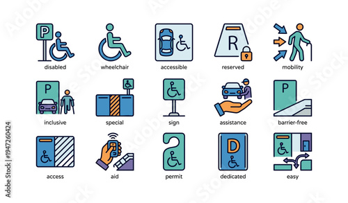 Disabled accessibility icons featuring wheelchair and mobility symbols