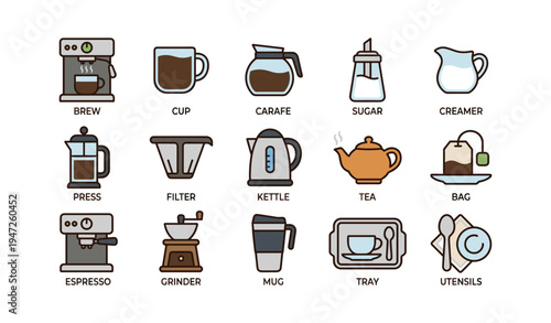 Coffee and tea equipment icons set featuring cups, pots, and utensils