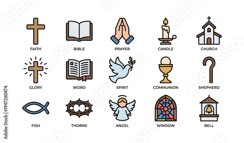 Set of 16 colorful christian icons featuring cross, bible, prayer, and church symbols