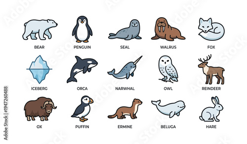 Cute arctic wildlife icons: bear, penguin, walrus, fox, whale, reindeer, puffin