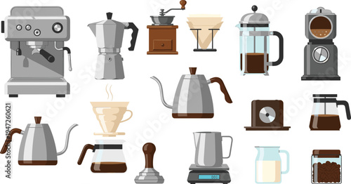 Coffee Brewing Equipment Vector Set with Espresso Machine, Moka Pot, French Press, Grinder, Pour Over Dripper, Kettle, Tamper, and Barista Tools Collection