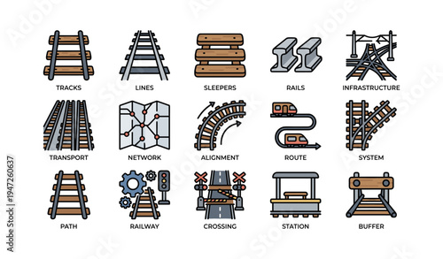 Railway elements icons collection featuring tracks, sleepers, and signaling systems