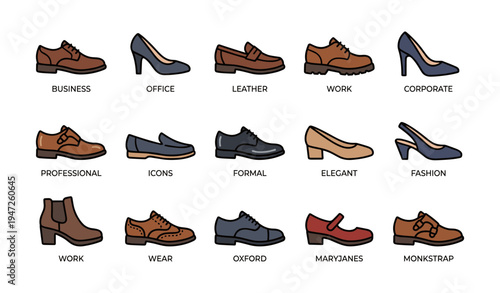 Collection of stylish business and office shoes icons