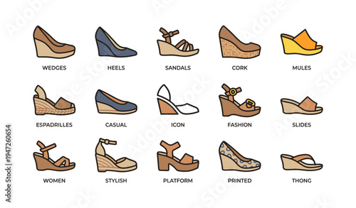 Collection of various women's footwear styles including wedges, heels, sandals, and mules