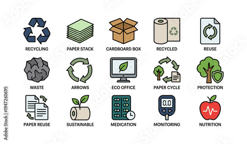Eco-friendly icons: recycling, reuse, sustainability in modern office and healthcare