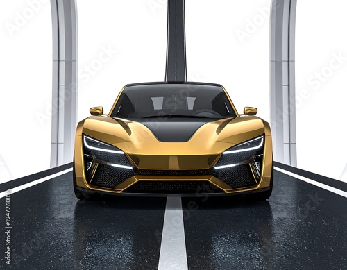 Golden sports car head-on view in a bright, futuristic tunnel with reflective wet road surface