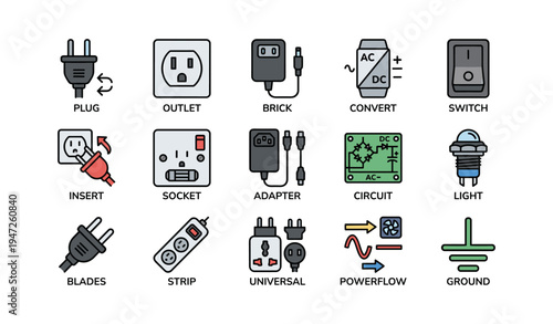 Electrical components and devices: socket, plug, adapter, circuit, and light