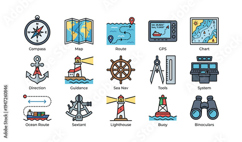 Nautical icons set featuring compass map lighthouse and gps for maritime navigation