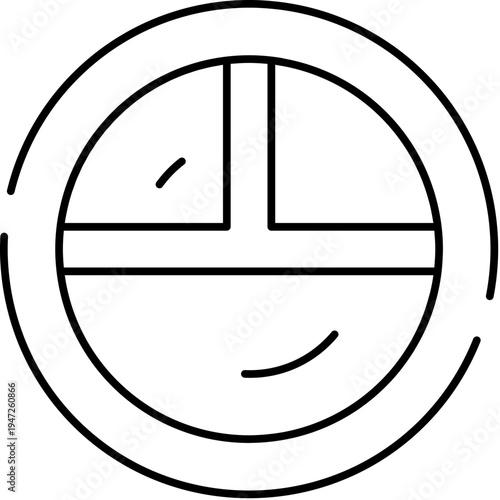 Round glass porthole icon in clean black line drawing, minimalist architectural element for interior or exterior building design, modern decorative window outline on white background