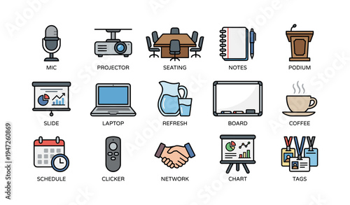 Office and meeting room equipment icons: mic, projector, seating, notes, podium