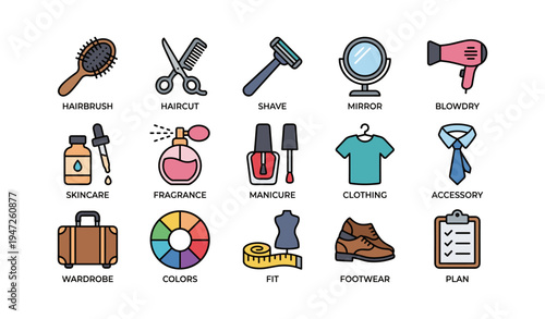 Essential grooming and fashion icons: hair, skincare, clothing, footwear, accessories