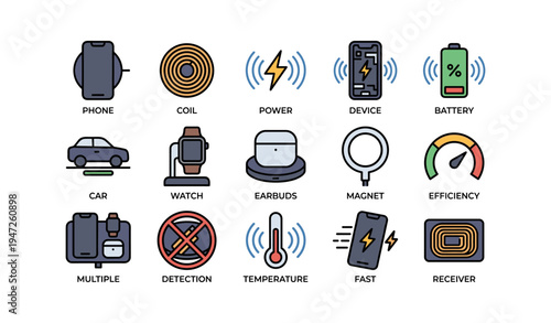 Wireless technology icons: devices, power, battery, magnet, efficiency