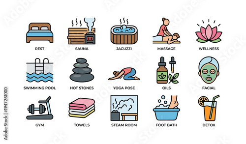 Wellness and relaxation icons: sauna, yoga, massage, and more