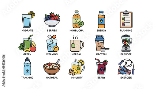 Healthy lifestyle icons with beverages, food, and exercise elements