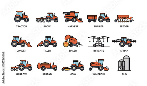 Agricultural machinery icons: tractor, harvester, sprayer, irrigation, tiller, seeder, silo