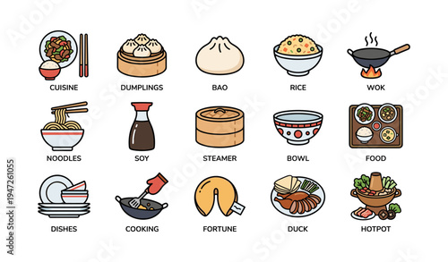 Icon set featuring asian cuisine elements: dumplings, bao, noodles, wok cooking, fortune cookie