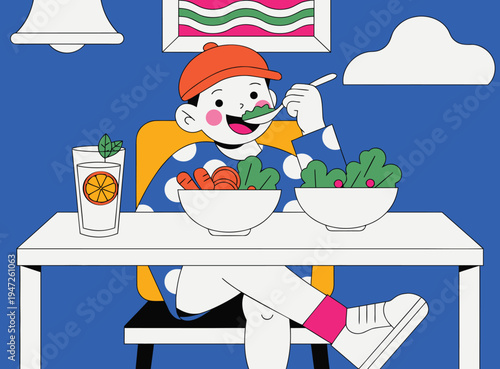 Cheerful Boy Enjoying Fresh Vegetable Salad With Juice At Table In Flat Vector Illustration Style
