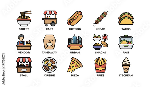Icon set of various street foods including taco, hotdog, and pizza