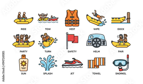 Colorful water sports icons: rafting, life vest, jetski, snorkel, safety