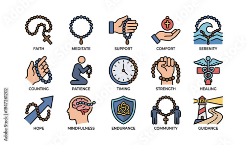 Rosary symbol icons: faith, healing, mindfulness, guidance, community