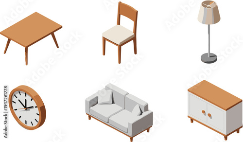 Furniture, isometric, interior, table, chair, sofa, cabinet, lamp, clock, home, decor, livingroom, design, household, modern, wooden, illustration, objects, collection, set