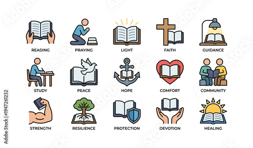 Inspirational icons representing faith, hope, and community values