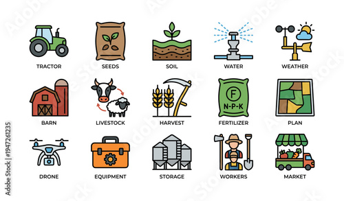 Agriculture icons: tractor, seeds, soil, weather, livestock, drone, storage, market