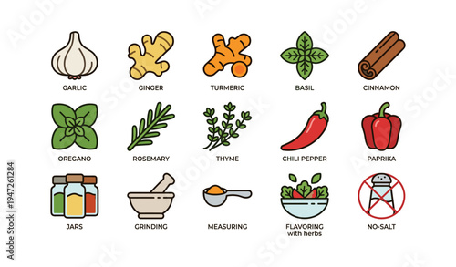 Illustrated icons of common herbs and spices with kitchen tools