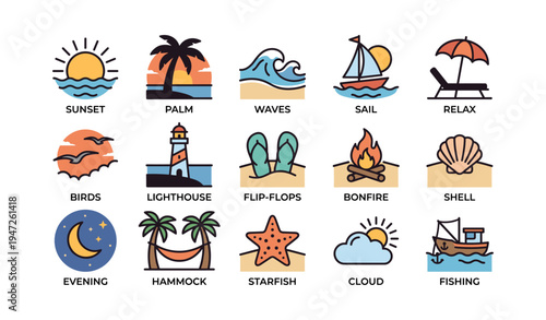 Colorful beach icons featuring sunset, palm trees, waves, and summer activities