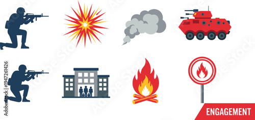 Military, combat, soldier, weapon, explosion, smoke, armored, vehicle, war, battle, defense, army, firefight, engagement, tactical, danger, conflict, illustration, icons, set