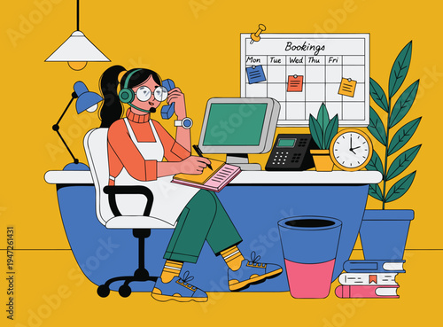 Vector Illustration Of Woman Working In Bathtub With Headset Computer Calendar Plant And Notes For Productivity