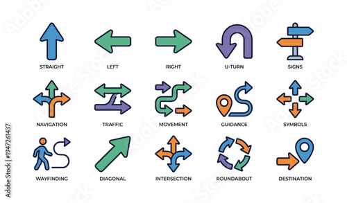 Colorful navigation and traffic signs illustrations for wayfinding and directional guidance