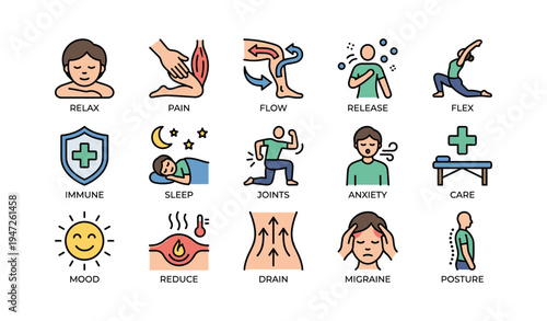 Illustrated icons of health and wellness activities for stress relief and self-care