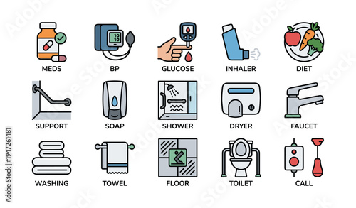 Healthcare and hygiene icons: meds, bp, glucose, inhaler, diet, support, soap, shower, dryer, faucet