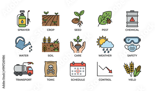 Agriculture icons: tools, growth, safety, weather, yield management